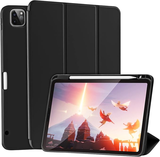 Case for iPad Pro 11 Inch 4th/3rd/2nd Generation 2022/2021/2020 with Pencil Holder [Support iPad 2nd Pencil Charging] Slim Trifold Stand Smart Protective Cover, Auto Wake/Sleep(Black)