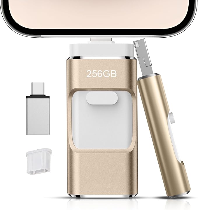 256GB Flash Drive[No App Required] Intended for Phone Tablet Androidphone and Computers, 4 in 1 Photo Stick for Phone Memory Storage Easily Backup Photos Videos（Gold）