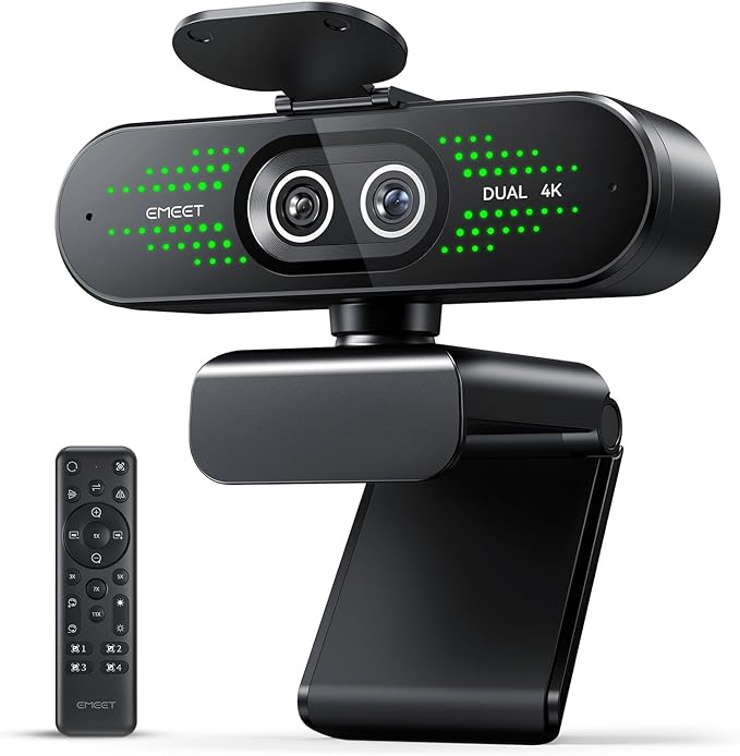 EMEET NOVA 4K Dual-Camera 4K Webcam for PC, Wide-Angle and Telephoto Cameras, Max 11X Hybrid Zoom, PDAF Focus, Remote Control, RGB Lights, Webcam with Microphone for Business or Personal Online Calls