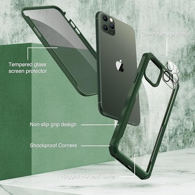 CENHUFO Privacy for iPhone 11 Pro Max Case, Full Body Phone Case with Built-in 9H Tempered Glass Privacy Screen Protector and Camera Lens Protector, Anti Peep Shockproof Bumper Clear Cover - Green