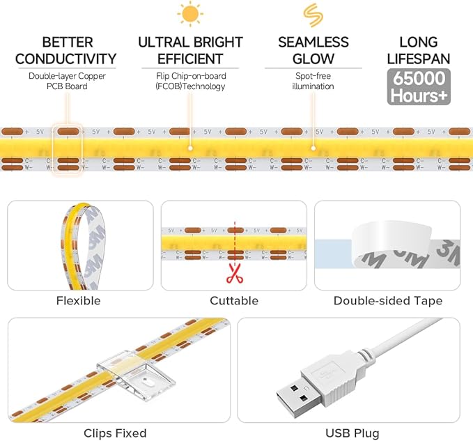 BTF-LIGHTING FCOB COB FOB LED Strip Lights 5V USB CCT 3.28FT 640LEDs Tunable 2700K/4000K/6500K 10mm Width Dimmable 90+ High CRI Flexible High Density for TV Backlight PC Bedroom Kitchen Home DIY Decor