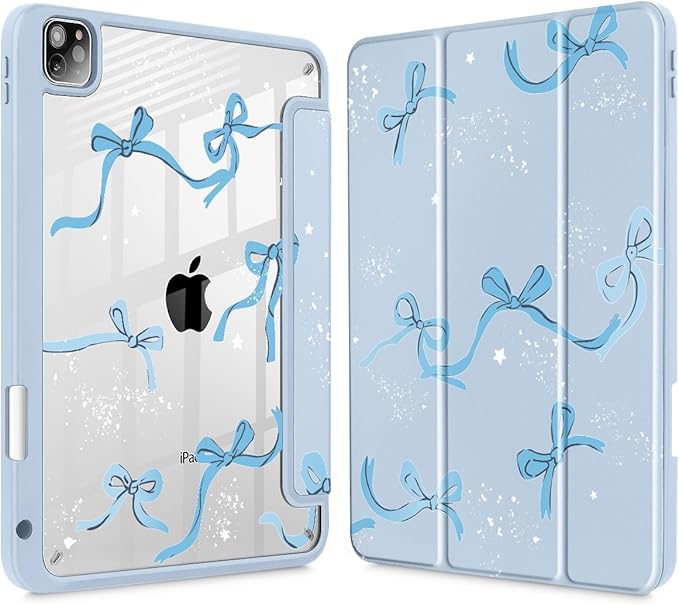 Tuiklol for iPad Pro 12.9 Inch 6th/5th/4th/3rd Generation 2022 2021 2020 2018 Case,Built-in Pencil Holder Clear Transparent Protective Back Shell Cover with Auto Sleep/Wake, Bow-Blue