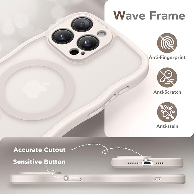 CAPRARO Cute for iPhone 15 Pro Case, Compatible with MagSafe, [Curly Wave Edge] [Full Camera Protection] [14 FT Drop Protection] Magnetic Phone Case for 15 Pro 6.1 Inch, Stone