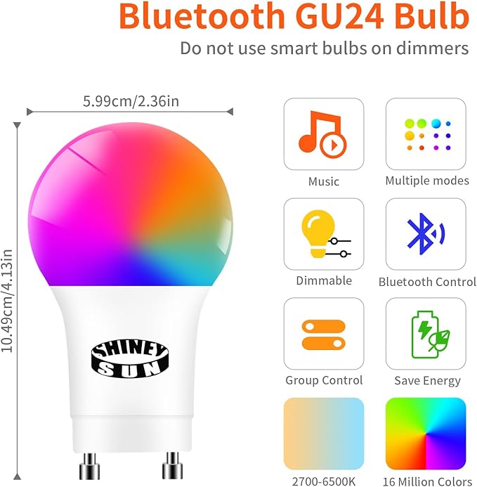 Smart LED Light Bulb GU24, A19 GU24 2 Prong Bluetooth Led Light Bulb 12W 1200LM, 2700K-6500K,Dimmable,Music Sync RGBCW Color Changing Led Lightbulbs, APP Control(Not Support Alexa), 4Pack