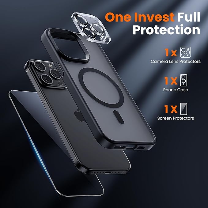 toushion 3 in 1 for iPhone 15 Pro Max Case with MagSafe, Screen Protector*1 Camera Lens Protector*1,Skin Feeling Back Military-Grade Protection for iPhone 15 Pro Max Phone Case 6.7 inch Matte Black