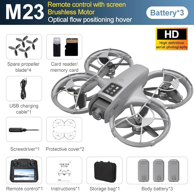 Drone With HD Camera 4.5inch Screen Controller, Under 250g Mini RC Quadcopter Headless Mode One-Key Takeoff/Landing Optical Flow Positioning M23 Drones with 2 Batteries for Adult Beginners (Grey)