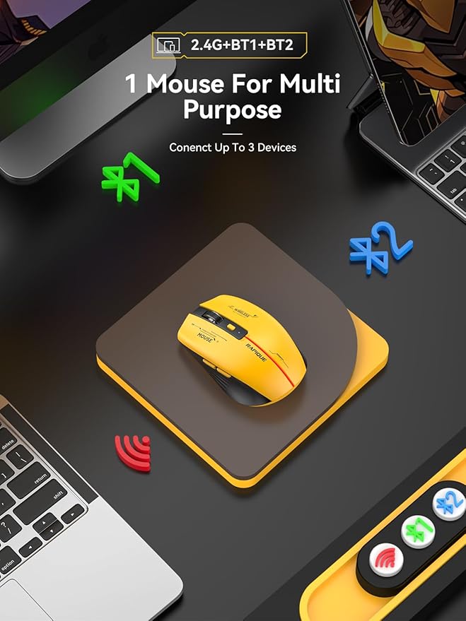 RAPIQUE Bluetooth Wireless Mouse - (BT1/BT2+USB Receiver) Tri-Device Compatibility for PC, Laptop, Computer, MacBook, Tablet (Black and Yellow)