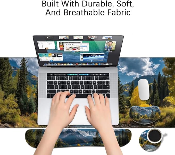 MIBITRI Keyboard Mouse Pad Set, Extended Gaming Mouse Pad+Ergonomics Keyboard Wrist Rest Support, Memory Foam, Easy Typing Pain Relief, 4Pcs XXL Ultra Thick Desk Mat, Nature Forest