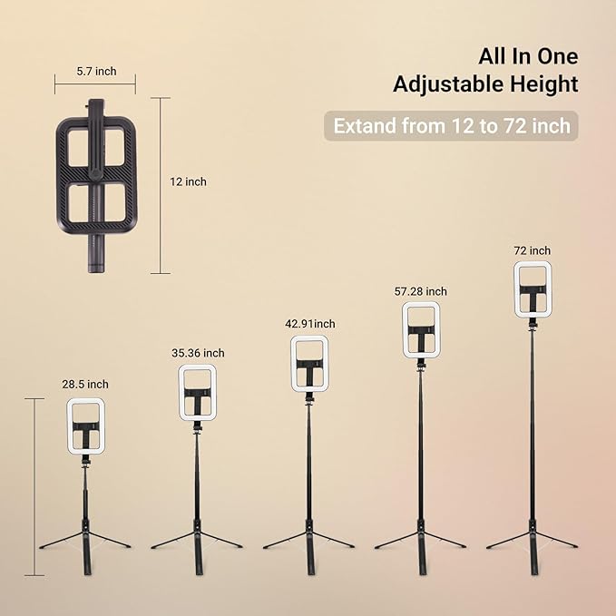 NEEWER Basics 10W Selfie Light with Tripod Stand, 1200mAh LED Square Ring Lighting, 72" Selfie Stick Phone Holder Compatible with iPhone, CRI90 3 Modes Remote for Travel Vlog Video Recording, NL100B