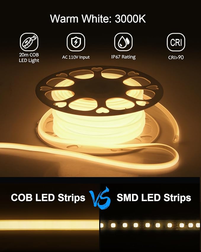 ALITOVE 120V 110V COB Led Strip Light Kit Dimmable Waterproof IP67 3000K 65.6ft Warm White LED Light Strips Outdoor 5760LEDs Super Bright Neon Rope Lights with Remote for Home Commercial Lighting