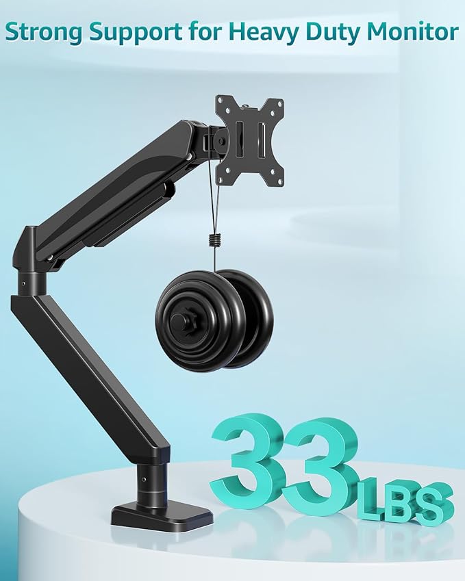 Heavy Duty Single Monitor Arm for Max 42 Inch Screens, Monitor Mount for Desk Supports 4.4-33 lbs, Height Adjustable Ultrawide Monitors Stand with C-Clamp & Grommet Base, VESA Mount 70/100
