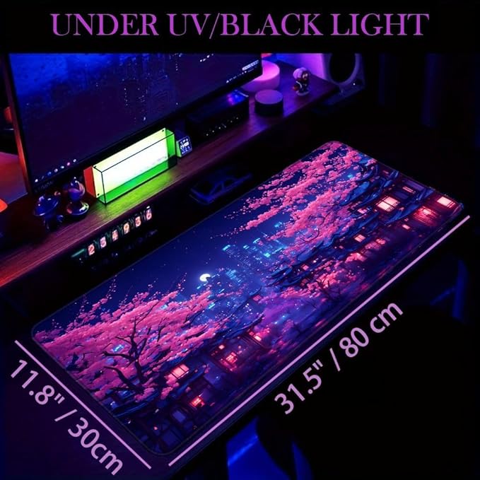 Simpkeely Fantasy Night City Gaming Mouse Pad, Blacklight Japanese Residential Buildings Landscape Neon Large Waterproof UV Reactive Non-Slip Rubber Base Mousemat for Office Home - 31.5" x 11.8"