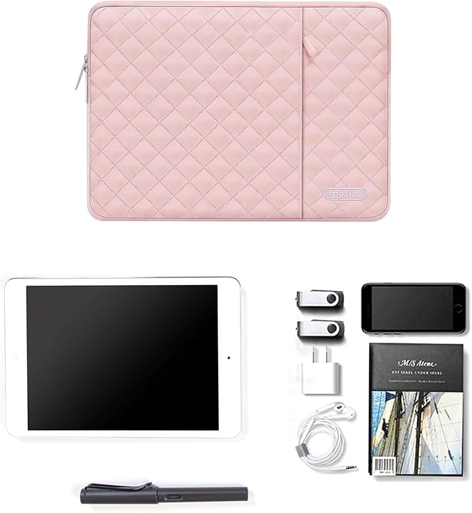 MOSISO 12.9 inch Tablet Sleeve Case for iPad Pro 13 M4 & iPad Air 13 M3 M2, iPad Pro 12.9 M2 M1 6/5th with Magic Keyboard&Smart Keyboard Folio, Square Quilted Vertical Bag with Small Case, Chalk Pink
