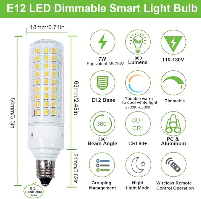 E12 Smart LED Light Bulbs with 2.4GHz Remote Control, Dimmable 7W E12 Candelabra Base LED Bulb Equivalent 75W Bulb, Stepless Dimming & Color Changing Bulbs 2700K~6500K, Pack of 4