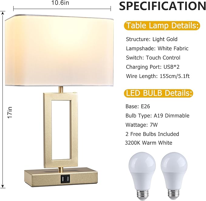 BrightWe Set of 2 Table Lamps with Dual USB Ports,Touch Control Bedside Lamps Nightstand Lamps for Bedroom, 3-Way Dimmable Modern Desk Lamps Living Room Office, LED Bulbs Included, Gold&White