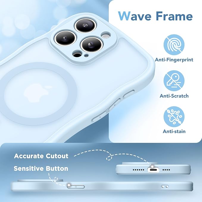 CAPRARO Cute for iPhone 15 Pro Max Case, Compatible with MagSafe, [Curly Wave Edge] [Full Camera Protection] [14 FT Drop Protection] Magnetic Phone Case for 15 Pro Max 6.7 Inch, Light Blue