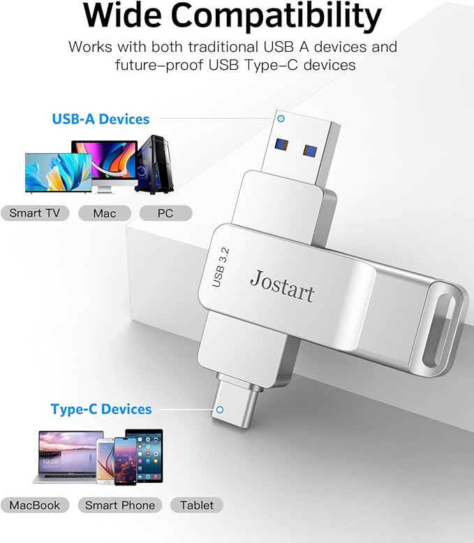 JOSTART USB C Flash Drive 1 TB, 500MB/s High Speed Thumb Drive, USB 3.2 + Type C Dual Drive, Portable Memory Stick for iPhone15/16/PS4/Tablet/Laptop/PC Data Backup, Sliver