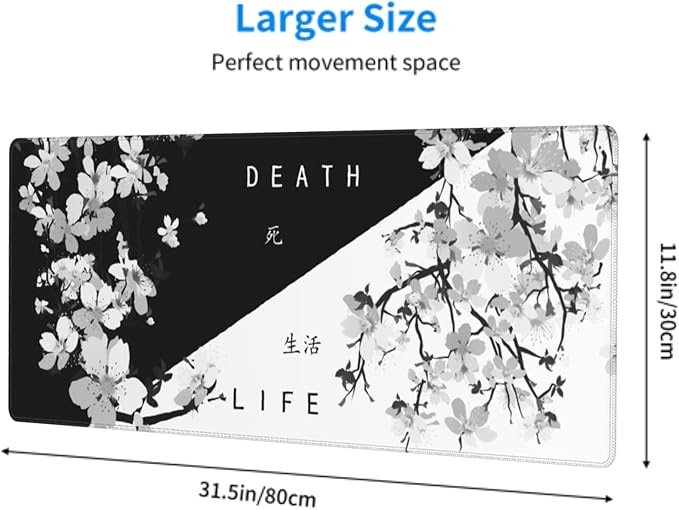 Black White Cherry Blossom Mouse Pad 31.5 X 11.8 Inch XL Japanese Art Style Design Extended Gaming Mousepad Large Non-Slip Rubber Base Keyboard Desk Mat with Stitched Edges for Gaming Office