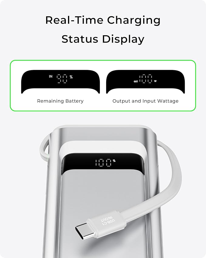 TALIX 100W Laptop Portable Charger,3-Port USB-C Fast Charging Power Bank 10000mAh Battery Pack with Built-in Retractable Cables for MacBook,Computer,Cell Phones,iPhone 17,iPad,Android,Samsung,Silver