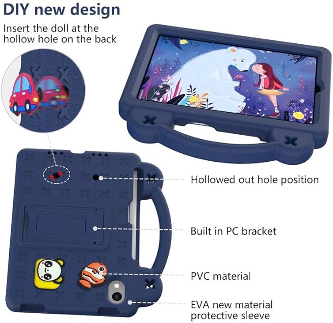 AKABEILA Compatible with Apple iPad mini 6 2021 8.3 inch Tablet Case, Kids Friendly Universal Lightweight Shockproof Protective Case with Shoulder Strap & Stand Handle & Pen Tray Navy Blue