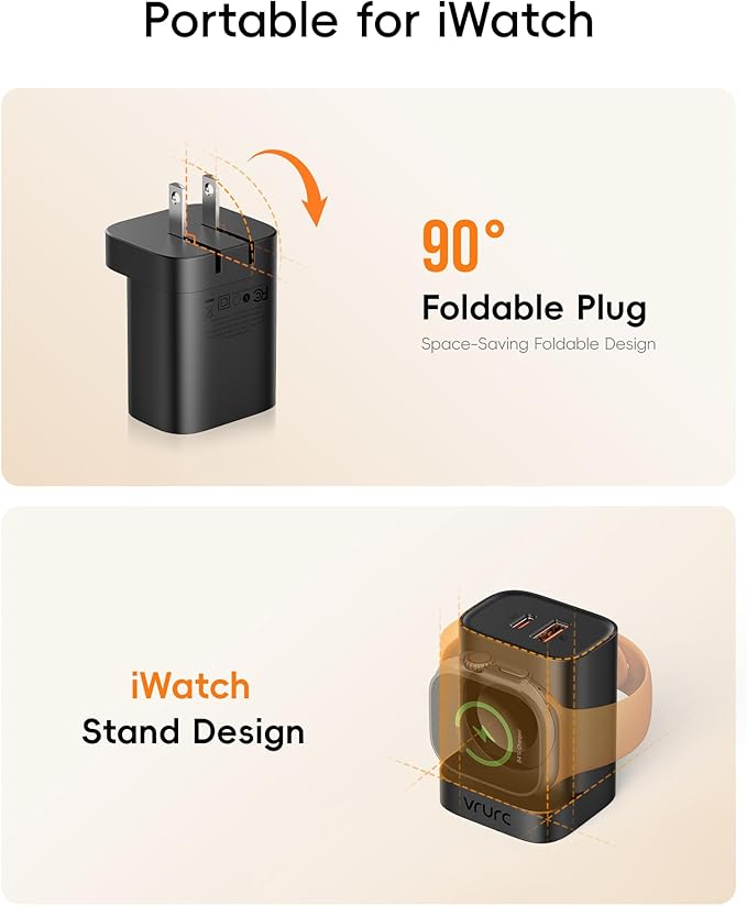 VRURC Fast Charger for iPhone, PD 20W USB C Wall Charger Dual Ports, 3-in-1 Foldable Charging Block Built in Magnetic Watch Charger Station for Apple Watch Ultra/10/9/8/7/6/5/4-Black