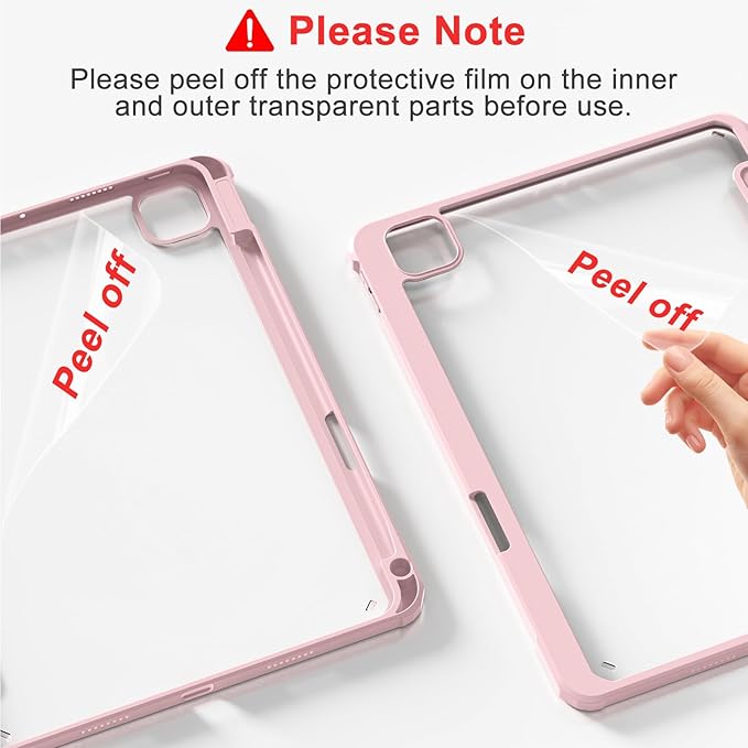 Case for iPad Pro 12.9 Inch (6th/5th/4th/3rd Generation 2022/2021/2020/2018) with Pencil Holder, Clear Transparent Back Shell Slim Stand Shockproof Tablet Cover, Auto Wake/Sleep, Pink