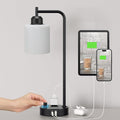 Industrial Bedroom Table Lamps for Bedside - White Opal Glass Shade Desk Lamps with USB C Port, Fully Dimmable Black Lamps with USB Port and Outlet, Reading Nightstand Lamp for Office Living Room