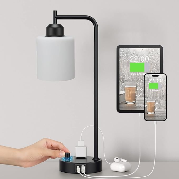 Industrial Bedroom Table Lamps for Bedside - White Opal Glass Shade Desk Lamps with USB C Port, Fully Dimmable Black Lamps with USB Port and Outlet, Reading Nightstand Lamp for Office Living Room