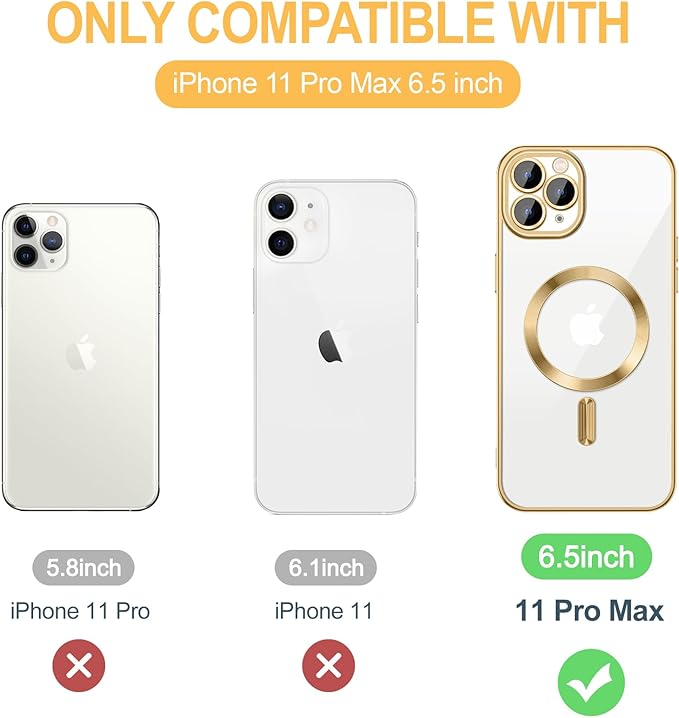 Hython Magnetic Clear for iPhone 11 Pro Max Case with Camera Lens Protector [Compatible with MagSafe] Plating Edge Slim Soft TPU Cover Protective Phone Case for iPhone 11 Pro Max 6.5", Gold
