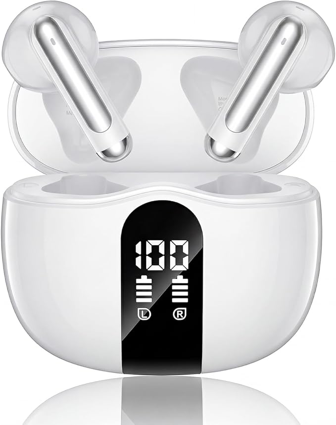 Wireless Earbuds, 2026 Bluetooth 5.4 Headphones Bass Stereo Ear Buds with Noise Cancelling Mic, LED Display in Ear Earphones 50H Playtime Ear Buds, IP7 Waterproof for Laptop Pad Phones Pure White
