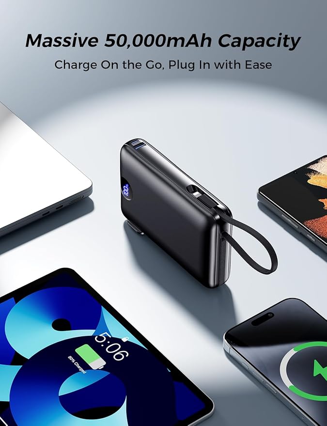 Power Bank, 50000 mAh Portable Charger with Built in Cable & Wall Plug, 22.5W Fast Charging, Travel Essential Battery Pack with LED Display for iPhone 17/16/15/14 Series, Galaxy, iPad Black