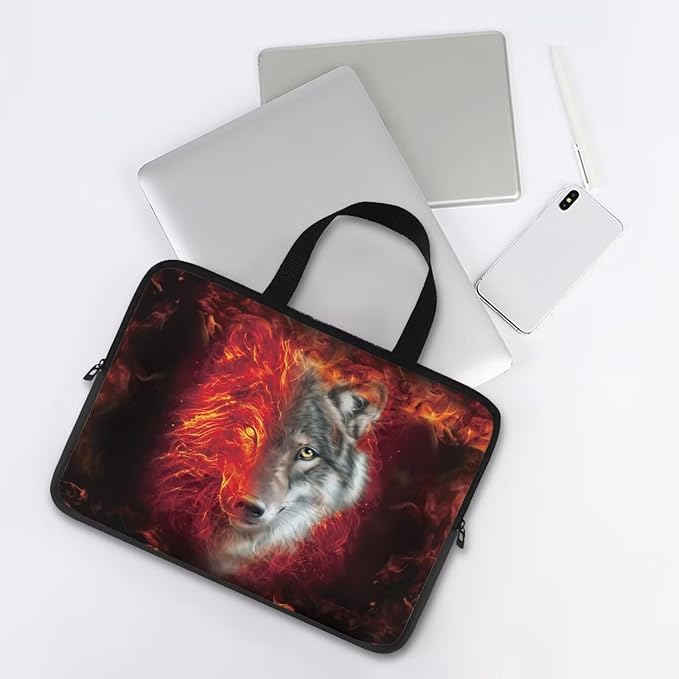Flaming Wolf Laptop Case 13 Inch Sleeve, Protective Computer Covers with Accessory Pocket, Wildlife Animal Compatible Sleeve Bag for Most 10-17 Inch Notebooks, Black & Red