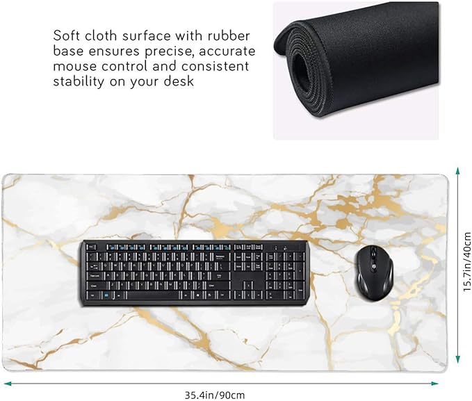 Extra Large Mouse Pads White Gold Marble Print XXL Extended Mousepad with Stitched Edges Non-Slip Rubber Base Computer Keyboard Pad Desk Mat for Home Office Desk Decor, 35.4" X 15.7"