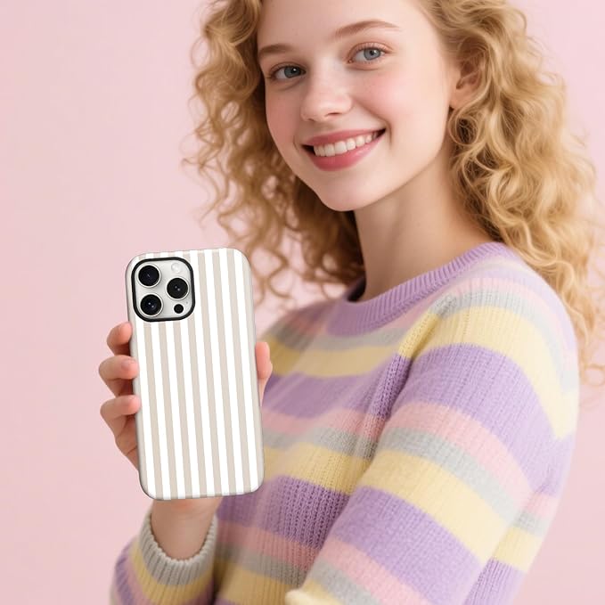 Magnetic for iPhone 12 Pro Max Case Cute Stripes Phone Case, Shockproof Slim TPU and Hard PC Protective Phone Cover Compatible with MagSafe Designed for Women Girls, Apricot