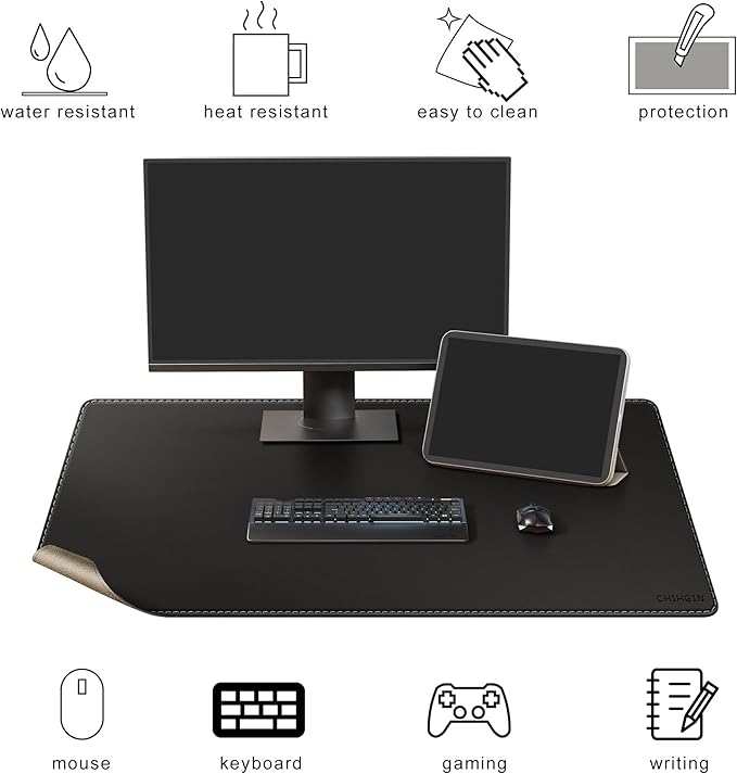 Chihein 43" x 24" 3XL Desk Mat with Cork & PU Leather (Black), Dual Sided Desk Pad, Waterproof Computer Desk Mat for Gaming, Office, Home
