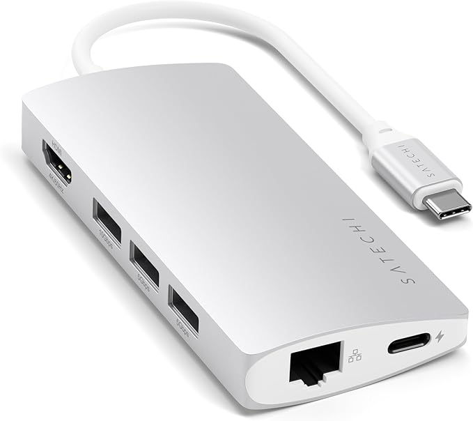 Satechi 8 in 1 USB C Hub Multiport Adapter V2, 4K HDMI, 115W USB C PD Charging, 3 USB-A, Ethernet, Micro/SD Card Readers, for Laptop, MacBook Air/Pro/Neo, iPad Air/Pro, Windows - Silver