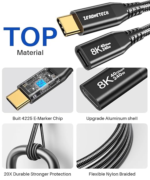 40Gbps USB 4 Extension Cable for Thunderbolt 4 [240W Charging/8K Video], USB C thunderbolt 4 Extender 3.3Ft, 4X Faster than USB3.2 Gen2 Male to Female Adapter for SSD, Hub, PSVR2, MacBook, Mag Safe