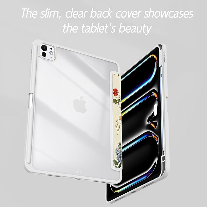 Case for iPad Pro 11-Inch M5/M4 2025/2024 (6th/5th Generation), Case with Pencil Holder, Clear Back Cover Cute Cool Design for Women Girls, Auto Sleep/Wake, Wildflower B