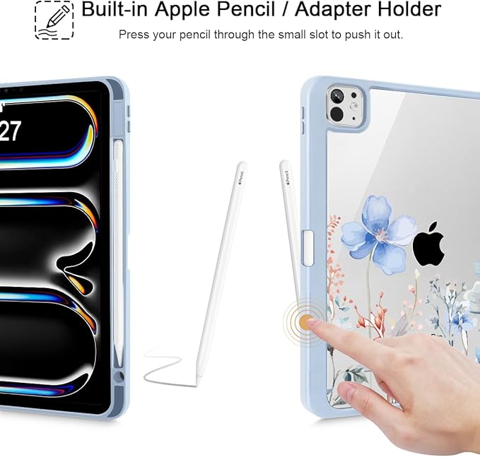 May Chen Case for iPad Pro 11-Inch M5/M4 2025/2024 (6th/5th Generation), Clear Transparent Print Back Shell Slim Stand Shockproof Tablet Cover, Auto Wake/Sleep, Blue Flowers