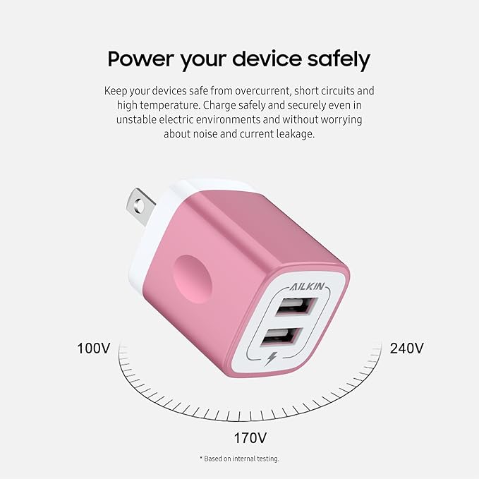 USB Wall Charger, Charger Block, AILKIN 2.1A Multiport Fast Charge Power Brick Cube for iPad, iPhone, iPod, Samsung Galaxy, Motorola, Moto, PS5, Huawei, HTC, LG, Nokia, USB A Charging Box, AC Adapter