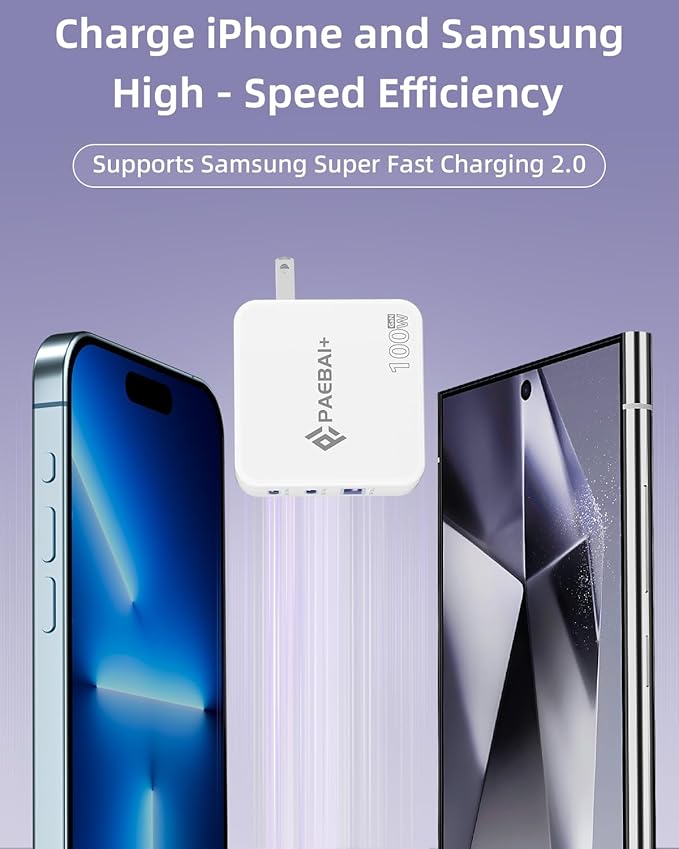 100W USB C Charger Block, 3 Port GaN Foldable Compact Wall Fast Charger for MacBook Pro MacBook Air, Dell XPS, iPhone 16 15 Series, Samsung Galaxy, iPad Pro and All USB-C Devices