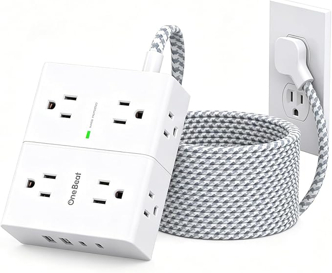 Extension Cord 20 Ft, One Beat Surge Protector Power Strip 20 Ft Long Cord, 8 AC Outlets with 4 USB Ports(2 USB C), White Power Strip for Home Office College Dorm Room, Desk Essentials