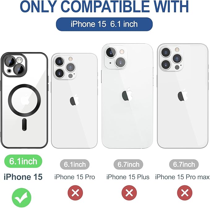 Hython Magnetic Clear for iPhone 15 Case with Camera Lens Protector [Compatible with MagSafe] Luxury Plating Edge Slim Soft TPU Cover Protective Phone Case for iPhone 15 6.1", Matte Black