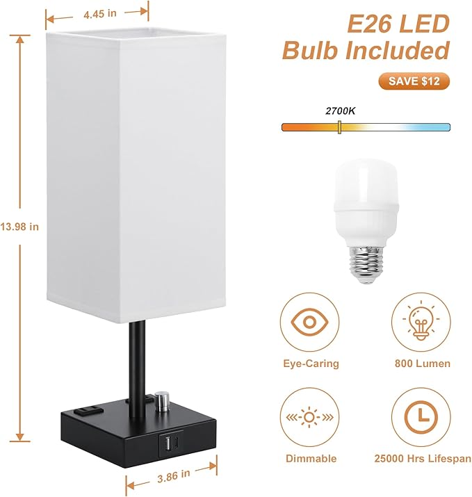 aooshine White Fully Dimmable Nightstand Lamps Set of 2 - Table Bedside Lamp with USB C+A Charging Ports & 2 AC Outlets, Square Lamp Sets Linen Fabric Shade for Bedroom Living Room(Bulb Included)