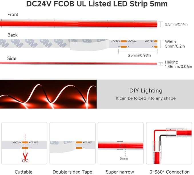 BTF-LIGHTING FCOB COB LED Strip Red Color 5mm Width UL Listed Super Narrow Flexible Uniform Light DC24V 16.4FT CRI 90+ Dimmable LED Ribbon for Bedroom Home Indoor Decor(No Adapter or Controller)
