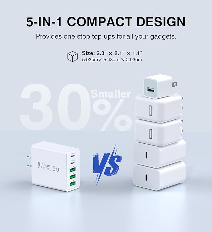 [2-Pack] USB C Wall Charger,50W 5-Port PD Fast USB C Charging Block,2USB C+3USB A Multiport Plug,Type C Power Adapter Brick Cube for iPhone 17/16/15/14/13/12/Pro Max/XS,iPad,for Switch,Samsung,Ultra 2