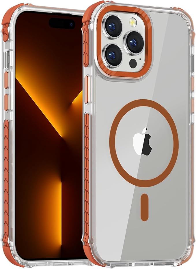 DEERLAMN Strong Magnetic Case for iPhone 13 Pro 6.1-Inch,[Compatible with Magsafe][Military-Grade Protection] Clear Slim Shockproof Protective Phone Cover for Women Men-Transparent+Orange
