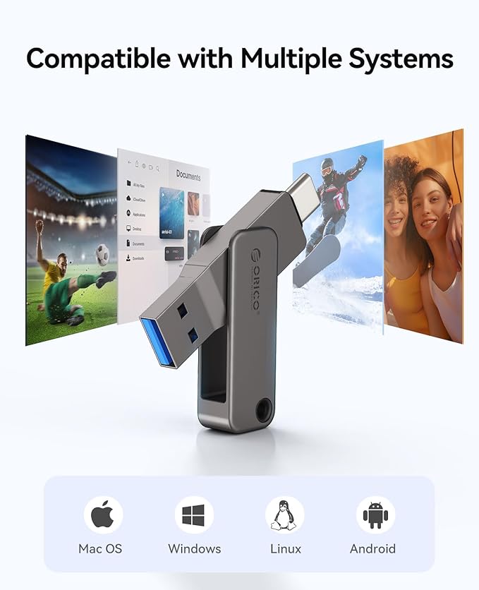 ORICO 32GB Dual USB-C USB-A Flash Drive 150MB/s High Speed USB 3.0 Memory Stick, Zinc Alloy Rotating Design, Compatible with iPhone 15/16/17, Android, Mac, PC, Car Audio – Plug & Play
