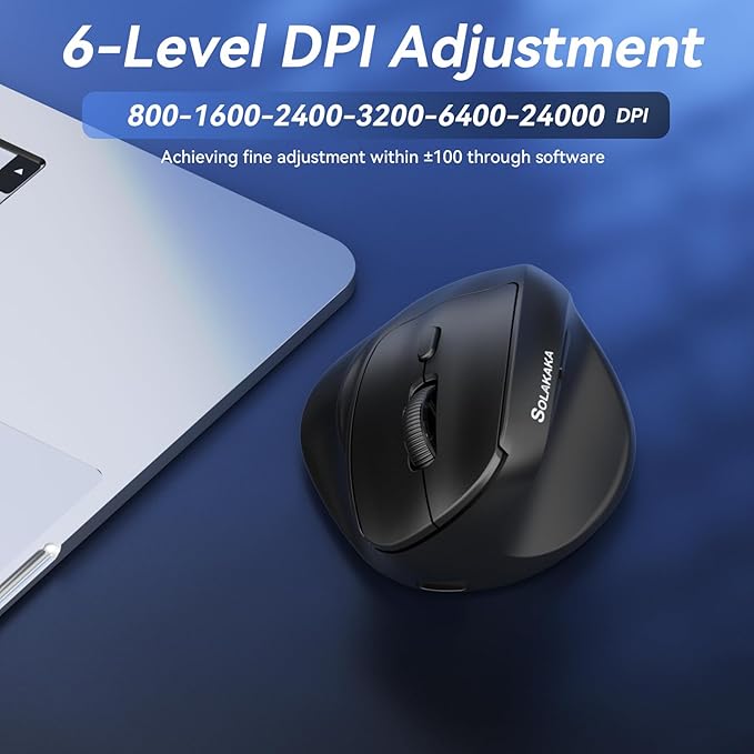SOLAKAKA SM520 Ergonomic Mouse with 24000 DPI, Vertical Mouse with Programmable Side Button, Wireless Mouse with Tri-Mode Connection - BT5.0/USB-C/2.4GHz, for Desktop, PC, Laptop (Black)