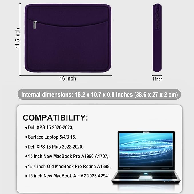Laptop Sleeve Case 15.6 inch, Shockproof Protective Laptop Cover Carrying Computer Bag with Accessory Pocket Portable Computer Sleeve Compatible with HP, Dell, Lenovo, Asus, Dark Purple